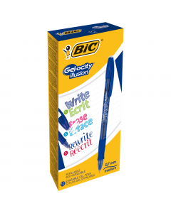 Penna gel cancellabile con tecnologia termosensibile. Fusto traslucido decorato con grip in gomma. Punta conica con tratto medio. Ricaricabile con refill GeloCity Illusion. 
Punta 0,7mm. Colore: blu.