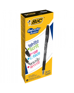 Penna gel cancellabile con tecnologia termosensibile. Fusto traslucido decorato con grip in gomma. Punta conica con tratto medio. Ricaricabile con refill GeloCity Illusion. 
Punta 0,7mm. Colore: nero.