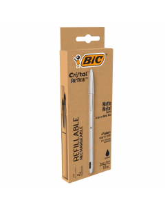 Penna a sfera Cristal Re'New punta media 1mm. Corpo in metallo che dona un look elegante e moderno, cappuccio in plastica riciclata 96%. Dotata di pulsante col il livello d'inchiostro visibile per una sostituzione facile del refill. Fornita in astuccio di