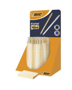 Espositore 40 Bic a sfera assortite Cristal Shine, fusto oro e argento metalizzato, con punta media 1mm. Oro con inchiostro blu ed argento con inchiostro nero.