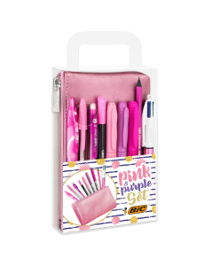 Set scrittura:
1 penna BIC 4 Colours Shine rosa
1 penna a sfera BIC Cristal Fun con tappo rosa abbinato all’inchiostro
1 pennarello BIC Intensity Fine rosa
1 penna BIC Gelocity Quick Dry rosa
1 matita BIC Evolution Fluo rosa
1 portamine ricaricabile BIC V