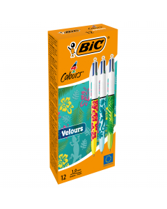 Penna a sfera 4 colori con inchiostri classici: rosso, verde, blu, nero. Punta da 1mm per un tratto di scrittura medio. Fusto con morbida decorazine in velluto in colorate fantasie (4 pz foglie, 4 pz fiori, 4 pz geko).