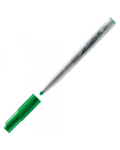 Pennarello per lavagne cancellabili. Inchiostro a base di chetone. Si cancella perfettamente senza lasciare segni. Cappuccio del colore dell’inchiostro con blocco di sicurezza. Fusto in plastica. Punta 1,4mm. Colore: verde.