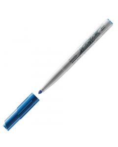Pennarello per lavagne cancellabili. Inchiostro a base di chetone. Si cancella perfettamente senza lasciare segni. Cappuccio del colore dell’inchiostro con blocco di sicurezza. Fusto in plastica. Punta 1,4mm. Colore: blu.