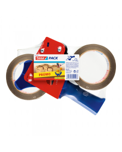 Dispenser tendinastro manuale Tesa, robusto in metallo, con frizione regolabile e lama con rivestimento di sicurezza. Nastri fino a 50mm, 2 rotoli di nastro da imballaggio color avana 50x66mm inclusi.