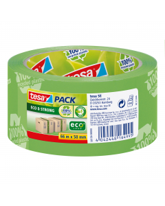 Film asdesivo senza solventi prodotto con plastica riciclata al 100%. Mandrino prodotto con carta ricilata al 100%. Svolgimento facilitato e silenzioso. Resistente all'invecchiamento e ai raggi uv. Nastro di colore verde marchiato 100% plastica ricilata.