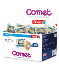 Nastro adesivo in cellophane di alta qualità, tagliabile con le mani e prodotto in Italia. Composto di idrato di cellulosa con adesivo in gomma sintetica hot melt senza solventi e quindi biodegradabile. Indicato per gli utilizzi più svariati: domestico, s