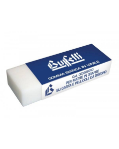 Gomma bianca in vinile, cancella perfettamente il tratto della matita da tutti i tipi di carta e film. Morbida e non abrasiva è ricoperta da fascia protettiva in cartoncino. Dimensioni: 62x21x12 mm.
