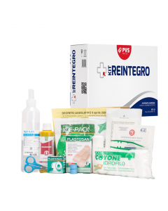 Pacco medicazione per cassette pronto soccorso con contenuto base a norma del DM 388 allegato 2 e D.L. 81 del 09/04/08 art.45.
Contenuto:
1 copia Decreto Min 388 del 15.07.03
2 Paia guanti sterili 
1 Disinfettante 125 ml IODOPOVIDONE al 10% iodio PMC
1 so