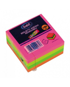Pratici cubi da 400 foglietti autoadesivi, removibili e riposizionabili. Aderiscono a tutte le superfici e possono essere staccati senza lasciare traccia. Colori neon (giallo, fucsia, arancione e verde). Formato 75x75 mm.
