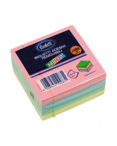 Pratici cubi da 400 foglietti autoadesivi, removibili e riposizionabili. Aderiscono a tutte le superfici e possono essere staccati senza lasciare traccia. Colori pastello (rosa, giallo, verde e azzurro). Formato 75x75 mm.