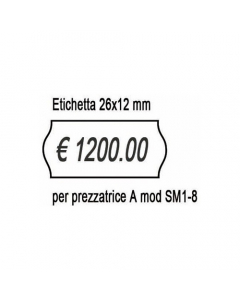 Etichette sagomate removibili per prezzatrici manuali. Colore bianco. Formato etichette 26x12mm. Rotolo da 1000 etichette.