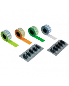 Etichette sagomate permanteni per prezzatrici manuali. Colore bianco. Formato etichette 26x16mm. Rotolo da 750 etichette.