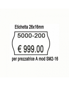 Etichette sagomate removibili per prezzatrici manuali. Colore bianco. Formato etichette 26x16mm. Rotolo da 750 etichette.