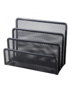 Sparticarte da scrivania con tre separatori. Ideale per ordinare la corrispondenza. Completamente realizzato in metallo lavorato a rete. Design moderno ed essenziale. Dimensioni 17,3x8,3x13,5 cm. Colore nero.