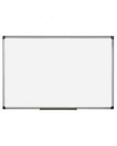 Superficie magnetica in acciao laccato, scrivibile e cancellabile. Cornice in materiale plastico grigio metal e angolari di protezione in plastica antiurto con fissaggi nascosti da copriangolo. Fornita di viti e tasselli per il fissaggio a parete e vasche