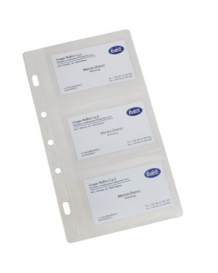 Per chi desidera integrare il numero di buste nel proprio portabiglietti da visita. In PVC opalino ad angoli stondati. 3 tasche nel formato 6x10 cm. Formato esterno 21x13 cm. Confezioni da 20 buste.