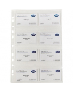 Busta portabiglietti da visita e schede telefoniche a foratura universale realizzata in polipropilene liscio quality (alto spessore) con 8 tasche nel formato 6,3x9,4 cm. Formato esterno 30,5x21,7 cm. Confezioni da 10 buste.