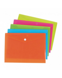 Buste in polipropilene colorato dalla finitura liscia. Diversi formati in confezioni assortite nei colori fluorescenti azzurro, verde,giallo, fucsia e arancio. Chiusura con bottone bianco