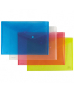 Comode buste in pp trasparente goffrato. Colori: bianco, blu, giallo e rosso. Formato 21x29,7 cm Confezioni da 5 buste.