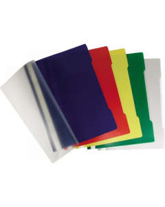 In plastica con copertina trasparente e retro colorato.Meccanismo ad aghi per inserire fogli preforati. Colori: blu, verde rosso e giallo. Formato 29,7x21 cm. Versione semplice e con copertina personalizzabile 