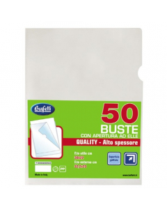 Buste con apertura ad L  FORMATO esterno 32x23 per una facile e rapida consultazione dei documenti archiviati disponibili in due diversi materiali: polipropilene e PVC. Chiuse su due lati, oltre a proteggere possono essere utilizzate come strumento di pre