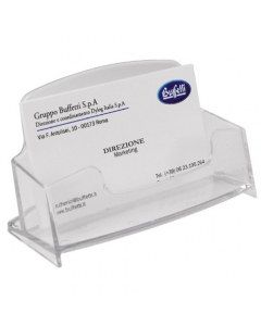 Portabiglietti da visita ad uno scomparto realizzato in robusto materiale plastico trasparente. Contiene fino a 70 biglietti da visita da 280 g/mq. F.to 50x90 mm. I formati indicati in tabella sono LxPxH.