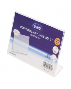 Portadepliant da tavolo realizzati in materiale acrilico altamente trasparente dello spessore di 2 mm. Base da appoggio ad L (monofacciale). Orizzontale. Dimensioni 10x15cm.
