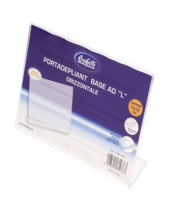 Portadepliant da tavolo realizzati in materiale acrilico altamente trasparente dello spessore di 2 mm. Base da appoggio ad L (monofacciale). Orizzontale. Dimensioni 13x18cm.