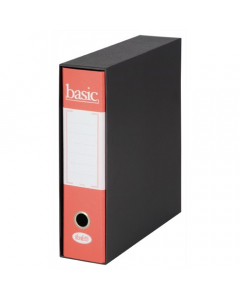 Resistenti e colorati registratori con custodia nera e cartella in cartone rivestito in carta stampata. Commerciale formato utile 29,7x21 cm dorso 8cm. Colore rosso.