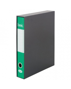 Resistenti e colorati registratori con custodia nera e cartella in cartone rivestito in carta stampata. Protocollo formato utile 32x23 cm dorso 5cm. Colore verde.