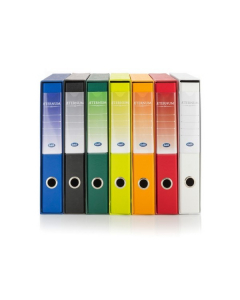 Elegante e colorato registratore composto da una cartella realizzata in cartone rivestito in papercoat (speciale carta plastificata e goffrata altamente resistente e inalterabile) con portaetichette in plastica termosaldata ed etichetta bifacciale estraib