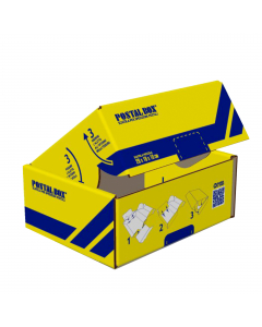 Scatola per spedizione postale di facile assemblaggio. Cartone esterno patinato. Comprende: busta trasparente portadocumenti (POLYADEX),  etichetta adesiva MITTENTE/DESTINATARIO, sigilli antieffrazioni con rilascio scritta VOID.