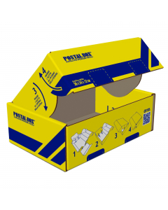 Scatola per spedizione postale di facile assemblaggio. Cartone esterno patinato. Comprende: busta trasparente portadocumenti (POLYADEX),  etichetta adesiva MITTENTE/DESTINATARIO, sigilli antieffrazioni con rilascio scritta VOID.
