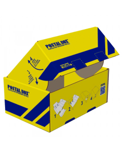 Scatola per spedizione postale di facile assemblaggio. Cartone esterno patinato. Comprende: busta trasparente portadocumenti (POLYADEX),  etichetta adesiva MITTENTE/DESTINATARIO, sigilli antieffrazioni con rilascio scritta VOID.