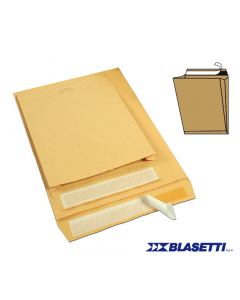 Buste a sacco in carta kraft avana con strip e soffietti laterali da 4cm + fondo autoformante. Con strip adesivo.