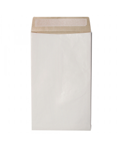 Sacco in carta bianca triplo strato da 130 gr/mq, estremamente resistenti alle abrasioni e agli strappi accidentali. Lembo autoadesivo con striscia protettiva siliconata (Strip). Con soffietti laterali apribili fino a 4cm.