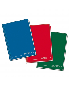 Registro con copertina cartonata da 1200gr rivestita in papercoat (similpelle) da 250 gr. Rilegatura a filo. Carta da 70gr. Colori assortiti rosso, blu e verde. 
Dimensione 210x297mm. Rigatura 1 rigo. 96 fogli f.to protocollo. (384 facciate f.to A4).