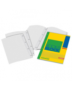 Blocco collato sul lato lungo sinistro con 40 fogli in carta usomano bianco da 80 g/mq, forati e rinforzati in plastica. Utilizzabile per archiviazione in raccoglitore o copertina a 4 anelli. A quadri da 5mm.