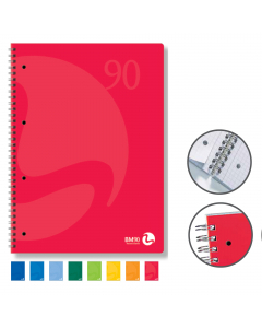 Quaderno spiratalo sul lato lungo. 2 copertine da 300gr stampata fronte-retro assortite in 8 colori. Copertina con plastificazione opaca e verniciatura serigrafica lucida. 4 fori e microperforatura. Carta bianca in pura cellulosa da 90gr.