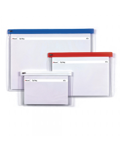 Busta a zip bag realizzate in PVC trasparente  e impermeabile con banda colorata. Chiusura a zip. Colori assortiti. Formato A4.