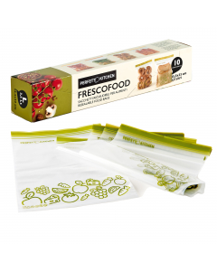 Sacchetti richiudibili per alimenti, adatti a  Frigo/Congelatore. Chiusura ermetica con doppia cerniera. Dimensioni: 25,5xh.33cm - Large.