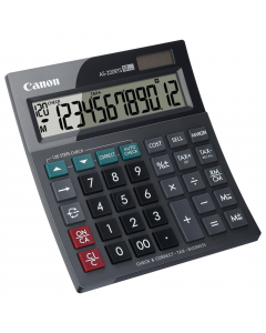 Calcolatrice da tavolo a 12 cifre con display inclinabile LCD 109x25mm. Essa è dotata delle seguenti funzioni: calcolo profitto, calcole imposte, funzione di memoria, autocorrezione, spegnimento automatico (7 minuti), cambio segno. Alimentazione a batteri