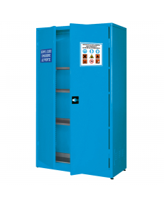 Armadio di sicurezza componibile per lo stoccaggio di liquidi chimici, realizzato in lamiera di acciaio al carbonio P02 spessore 10/10, pre-trattato con fosfosgrassaggio in tunnel ad alte temperature. Verniciatura con innovativo e speciale materiale termo