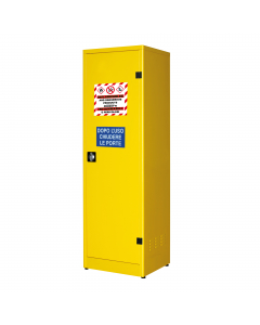 Armadio di sicurezza componibile per lo stoccaggio di liquidi infiammabili, realizzato in lamiera di acciaio al carbonio P02 spessore 10/10. Colore GIALLO RAL 1021. Dotato di ripiani di contenimento regolabili in altezza e vasca di raccolta a tenuta stagn