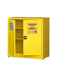 Armadio di sicurezza componibile per lo stoccaggio liquidi infiammabili realizzato in lamiera di acciaio al carbonio P02 spessore 10/10, pre-trattato con fosfosgrassaggio in tunnel alte temperature, verniciatura in epossipoliestere colore GIALLO RAL1021 e