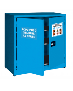 Armadio di sicurezza componibile per lo stoccaggio di liquidi chimici, realizzato in lamiera di acciaio al carbonio P02 spessore 10/10, pre-trattato con fosfosgrassaggio in tunnel ad alte temperature. Verniciatura con innovativo e speciale materiale termo