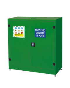 Armadio di sicurezza componibile per lo stoccaggio di prodotti fi tosanitari, realizzato in lamiera di acciaio al carbonio P02 spessore 10/10, pre-trattata con fosfosgrassaggio in tunnel ad alte temperature, verniciatura in epossipoliestere colore VERDE e