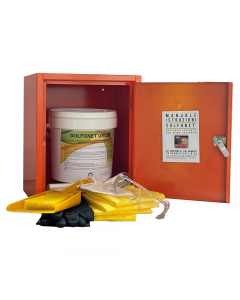 Kit composto da dispositivi DPI e materiali per la neutralizzazione, l’assorbimento e smaltimento in caso di improvvisa fuoriuscita di acido solforico dagli accumulatori (batterie) causata dalla rottura della struttura e/o di sversamenti accidentali, evit