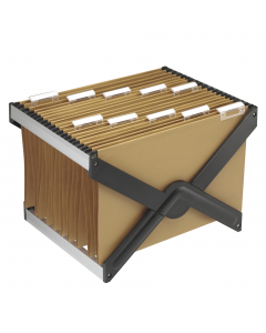 Archivio portatile Luxor per cartelle sospese. Supporto in ABS nero e alluminio satinato. Forma a X con apertura e chiusura a scatto. Adatto sia per cartelle da cassetto interasse 33cm che 39cm. Fornito con 10 cartelle 39-V avana. Formato esterno: 41x27,5